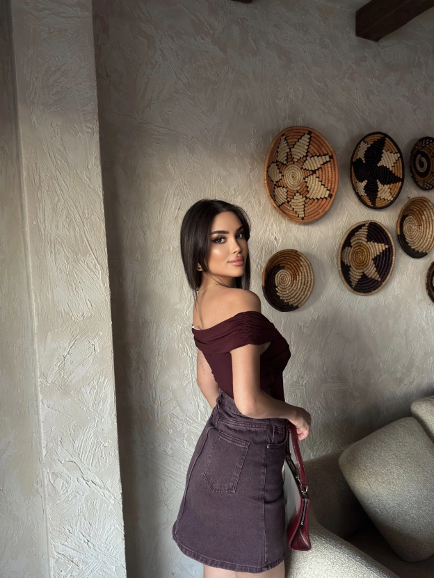 Bordo Yıkamalı Kot Etek