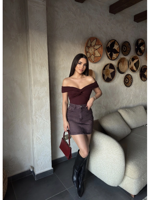 Bordo Yıkamalı Kot Etek