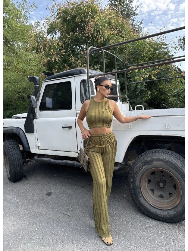 Yeşil Dikiş Detay Kolsuz Alt Üst Takım