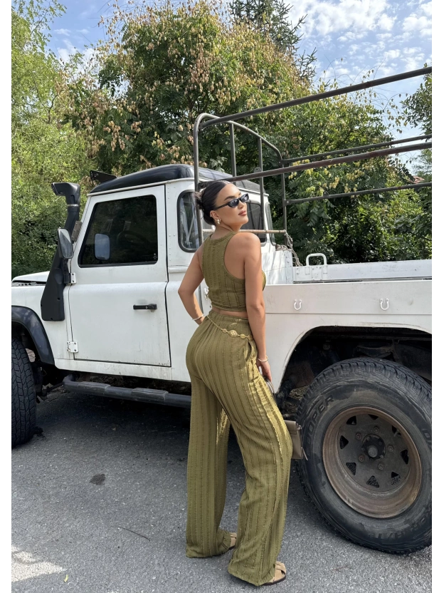 Yeşil Dikiş Detay Kolsuz Alt Üst Takım