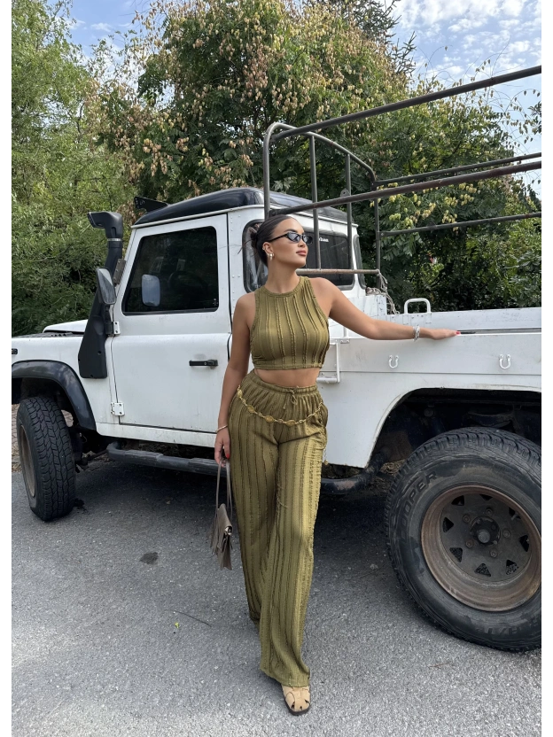 Yeşil Dikiş Detay Kolsuz Alt Üst Takım