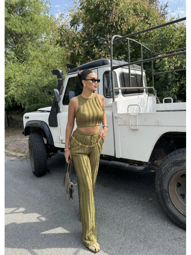 Yeşil Dikiş Detay Kolsuz Alt Üst Takım