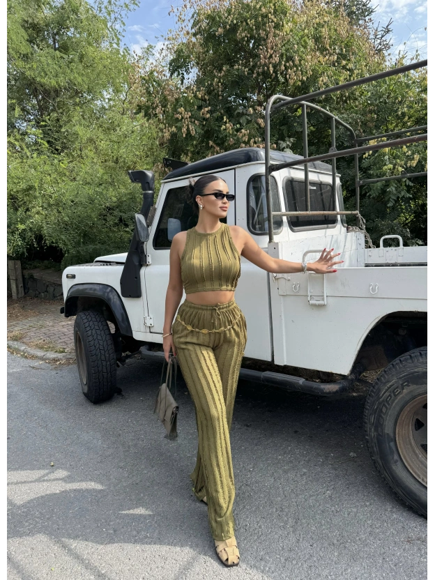 Yeşil Dikiş Detay Kolsuz Alt Üst Takım