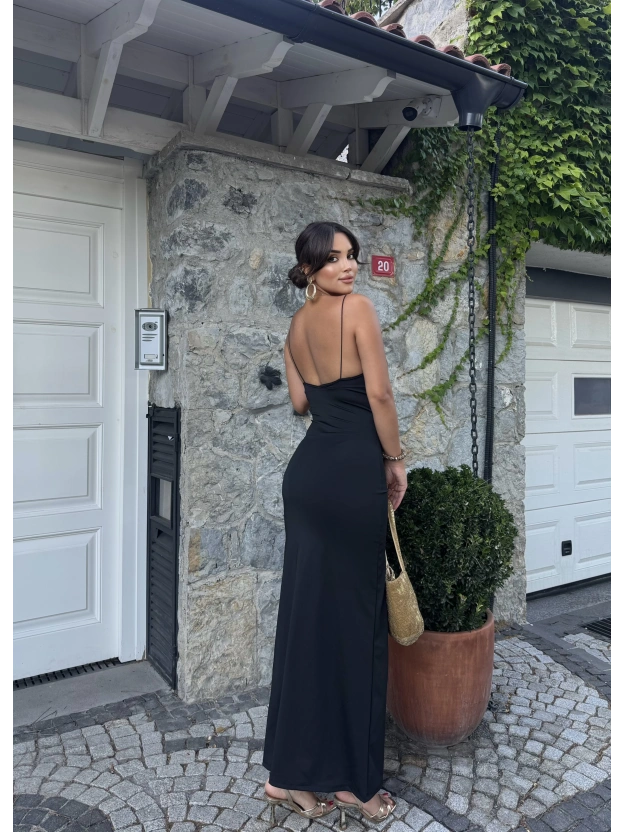 Siyah V Yaka Uzun Premium Elbise