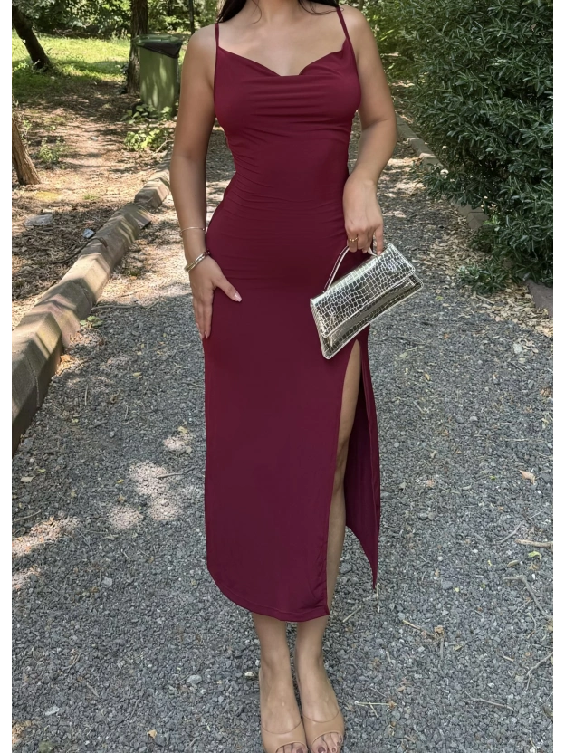 Bordo Degaje Yaka Uzun Elbise