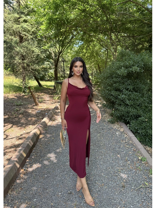 Bordo Degaje Yaka Uzun Elbise