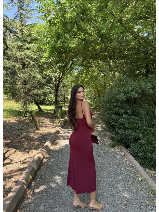 Bordo Degaje Yaka Uzun Elbise
