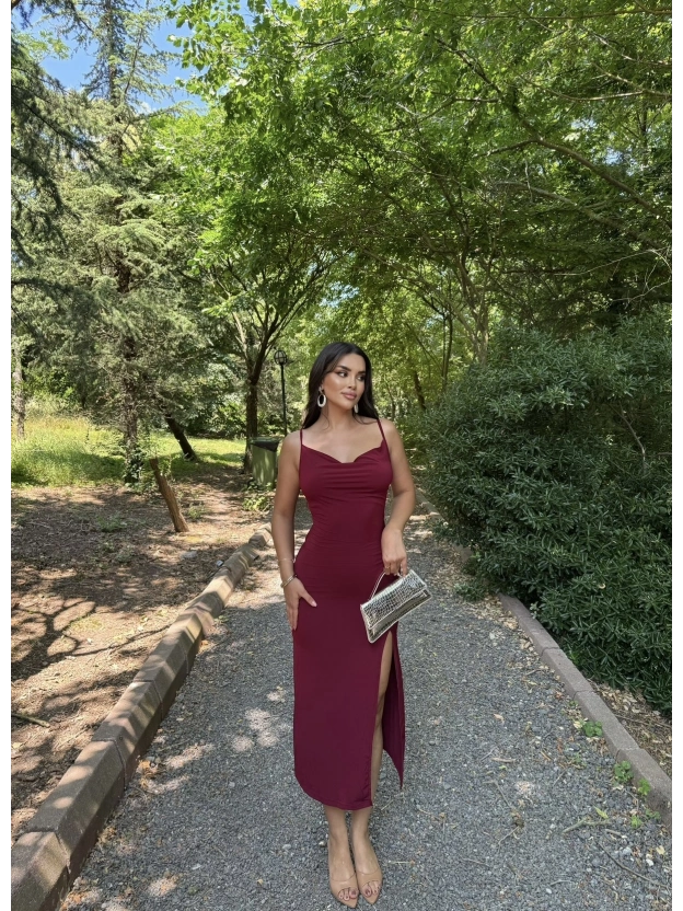 Bordo Degaje Yaka Uzun Elbise