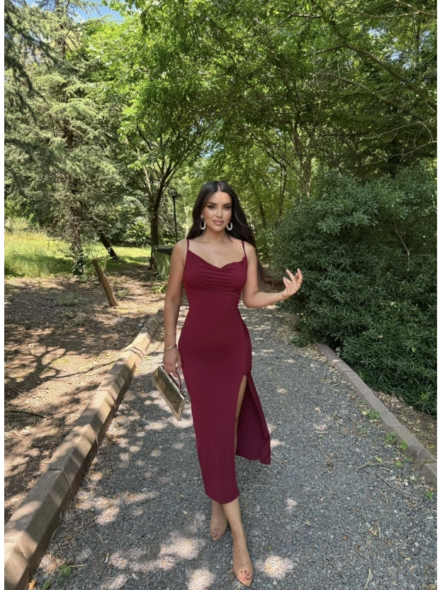 Bordo Degaje Yaka Uzun Elbise