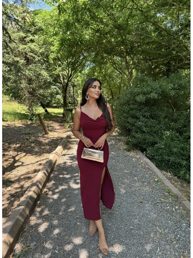 Bordo Degaje Yaka Uzun Elbise