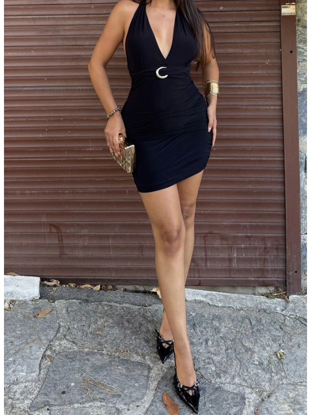 Siyah G Tokalı Boyundan Bağlamalı Mini Elbise