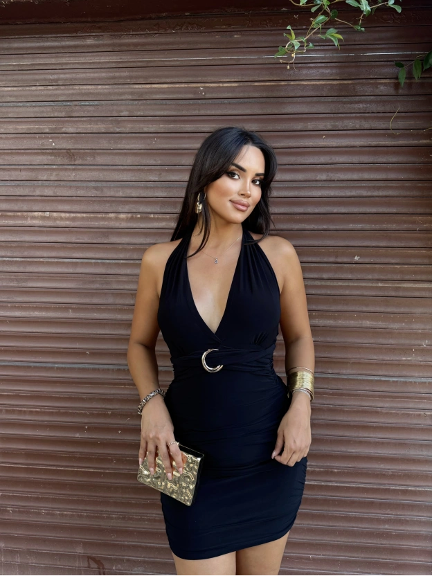 Siyah G Tokalı Boyundan Bağlamalı Mini Elbise