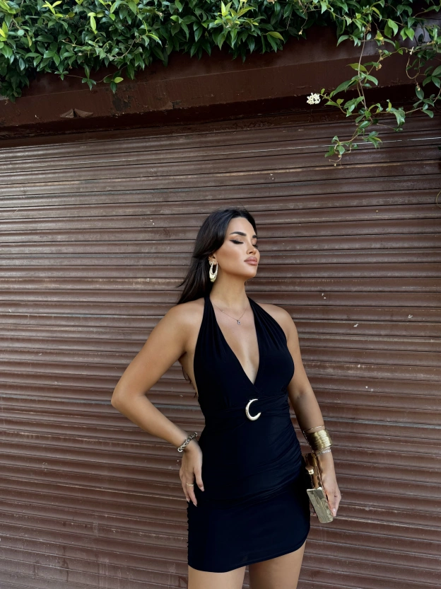 Siyah G Tokalı Boyundan Bağlamalı Mini Elbise