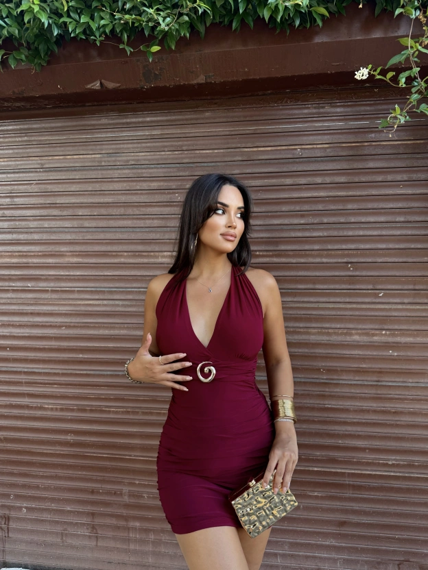 Bordo G Tokalı Boyundan Bağlamalı Mini Elbise