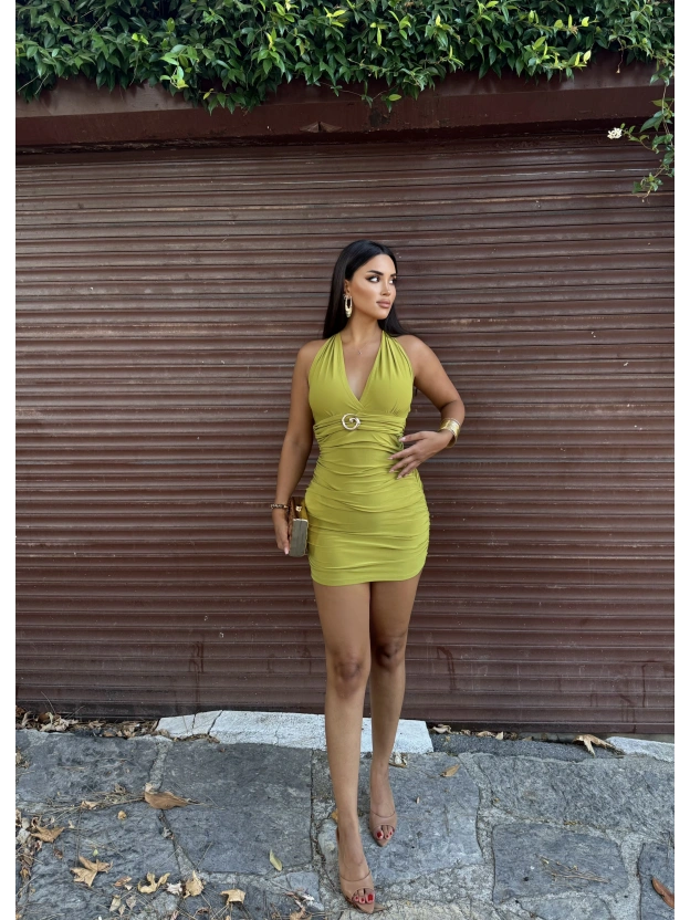 Yeşil G Tokalı Boyundan Bağlamalı Mini Elbise