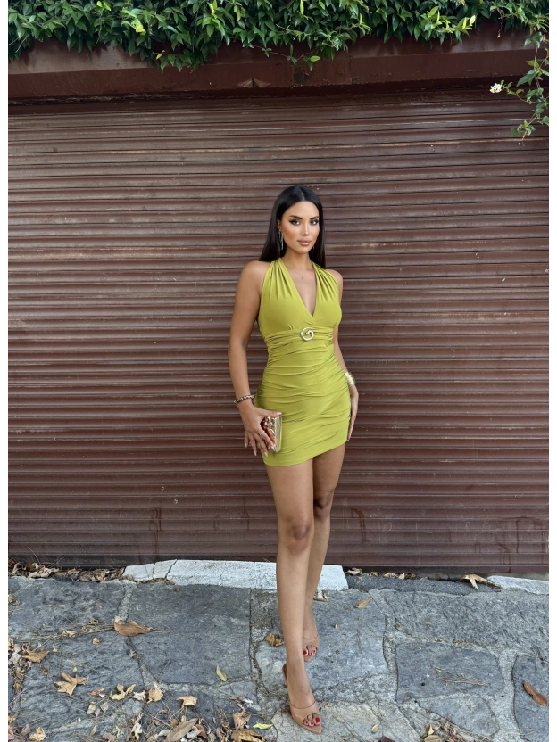 Yeşil G Tokalı Boyundan Bağlamalı Mini Elbise