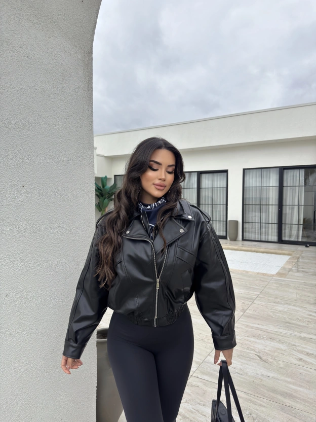 Siyah Deri Beli Lastikli Premium Ceket