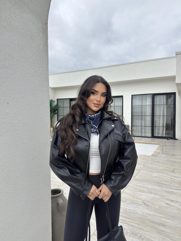 Siyah Deri Beli Lastikli Premium Ceket