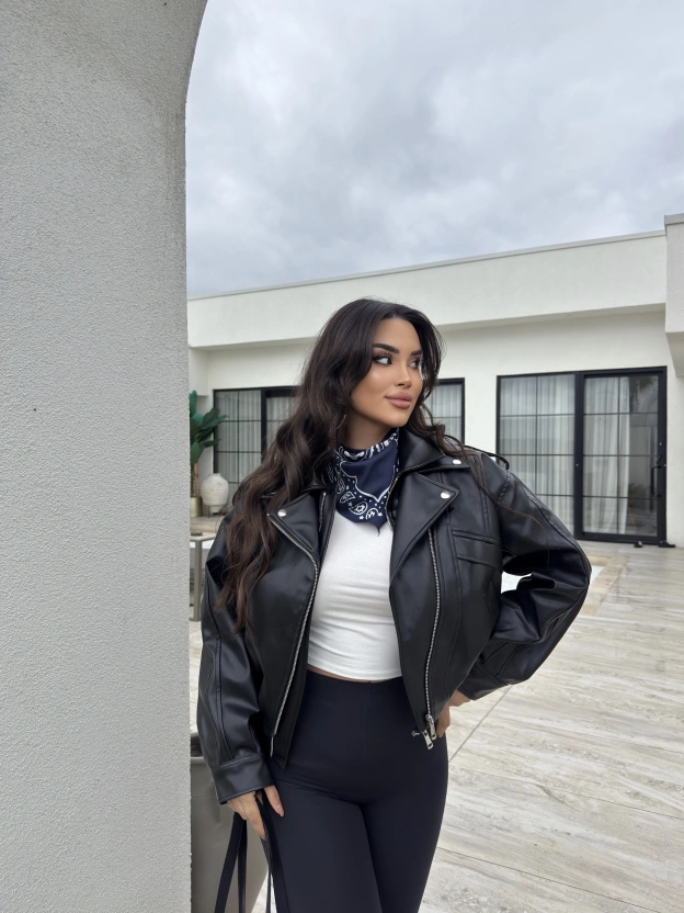 Siyah Deri Beli Lastikli Premium Ceket