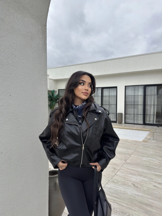 Siyah Deri Beli Lastikli Premium Ceket