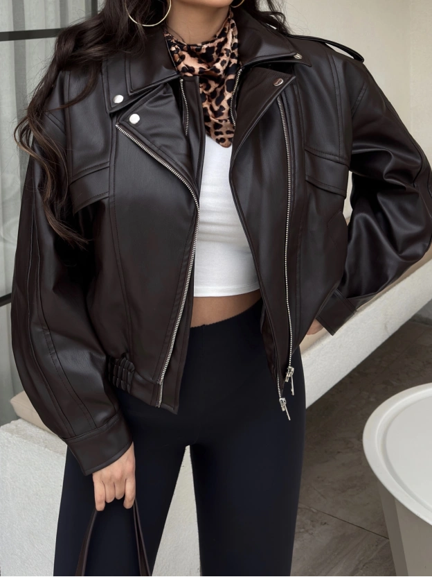 Kahverengi Deri Beli Lastikli Premium Ceket