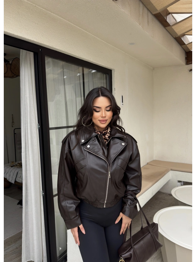 Kahverengi Deri Beli Lastikli Premium Ceket