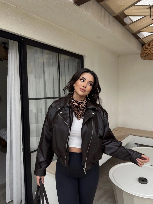 Kahverengi Deri Beli Lastikli Premium Ceket