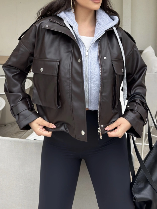 Kahverengi Kapüşonlu Deri Ceket