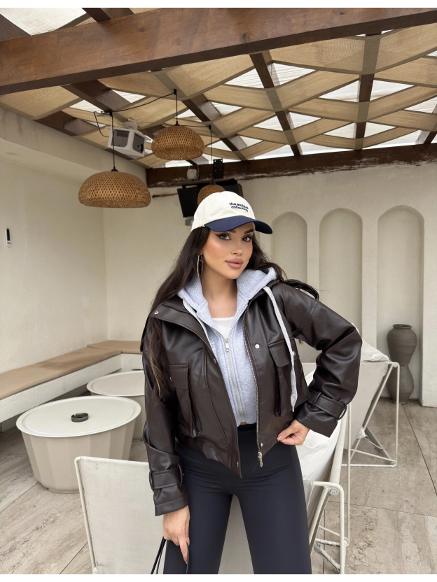 Kahverengi Kapüşonlu Deri Ceket