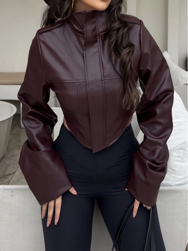 Bordo Korse Detay Dik Yaka Deri Ceket