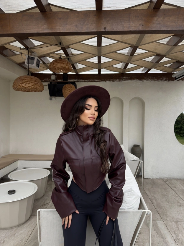 Bordo Korse Detay Dik Yaka Deri Ceket