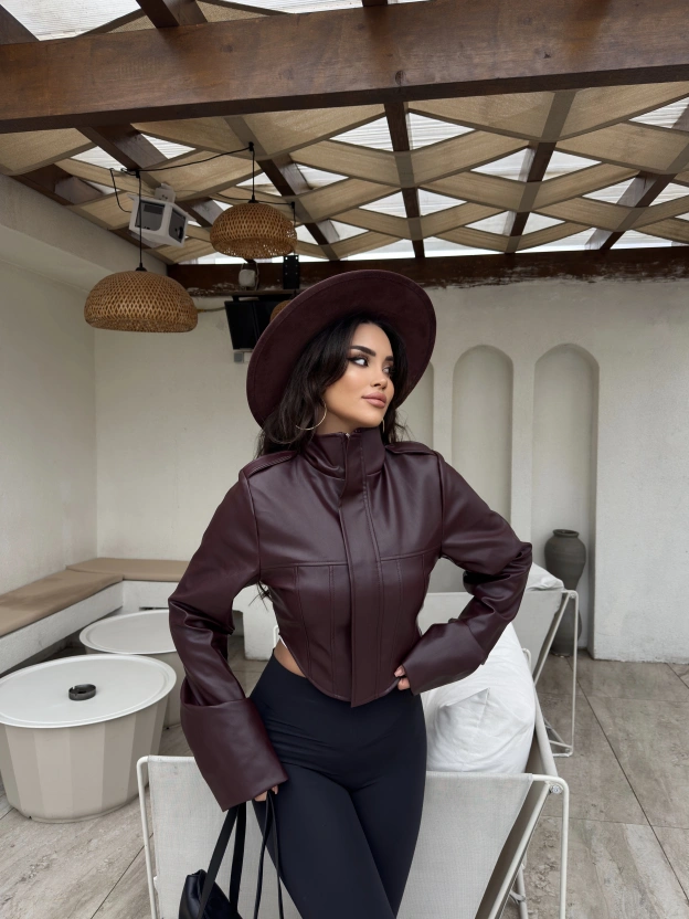 Bordo Korse Detay Dik Yaka Deri Ceket