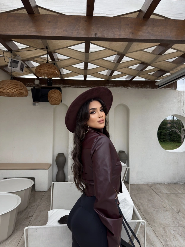 Bordo Korse Detay Dik Yaka Deri Ceket