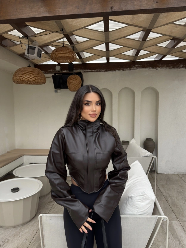Acı Kahve Korse Detay Dik Yaka Deri Ceket