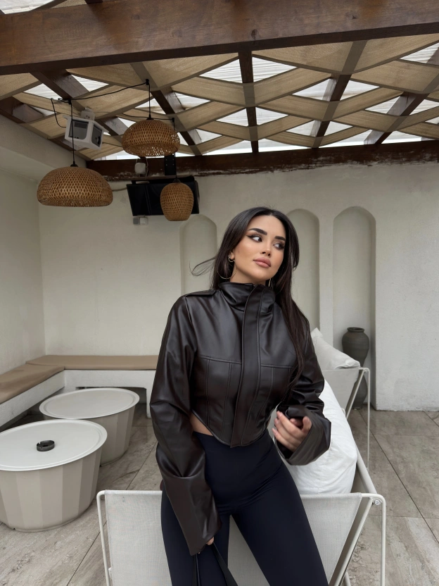Acı Kahve Korse Detay Dik Yaka Deri Ceket