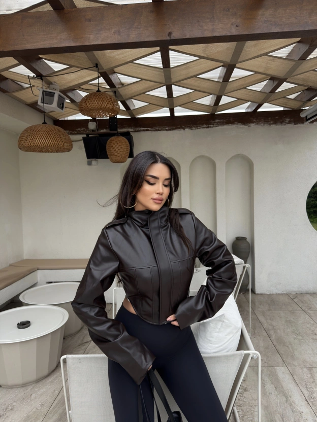 Acı Kahve Korse Detay Dik Yaka Deri Ceket