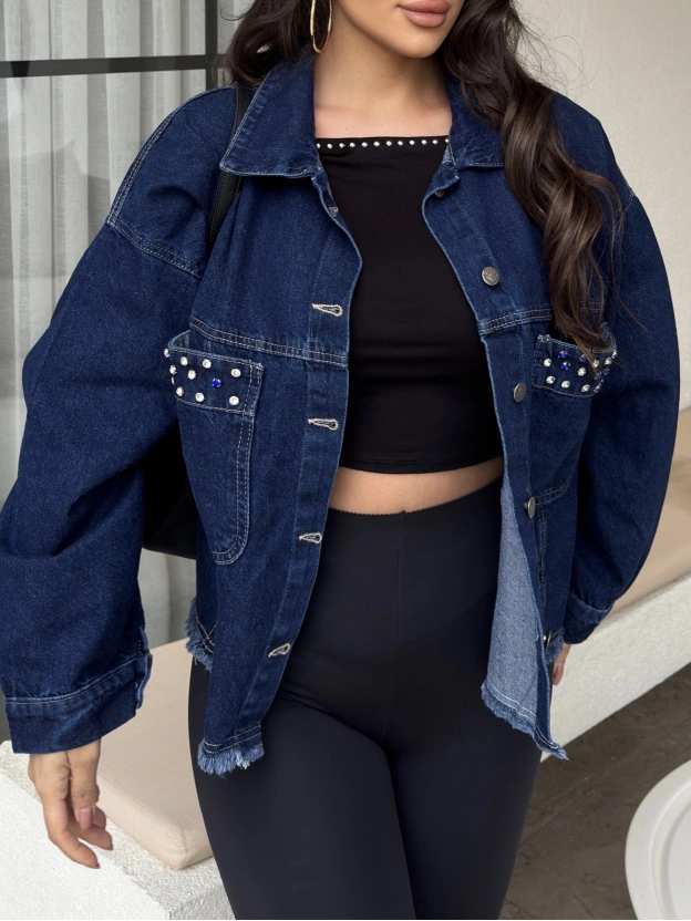 Koyu Mavi Taş Detay Kot Ceket