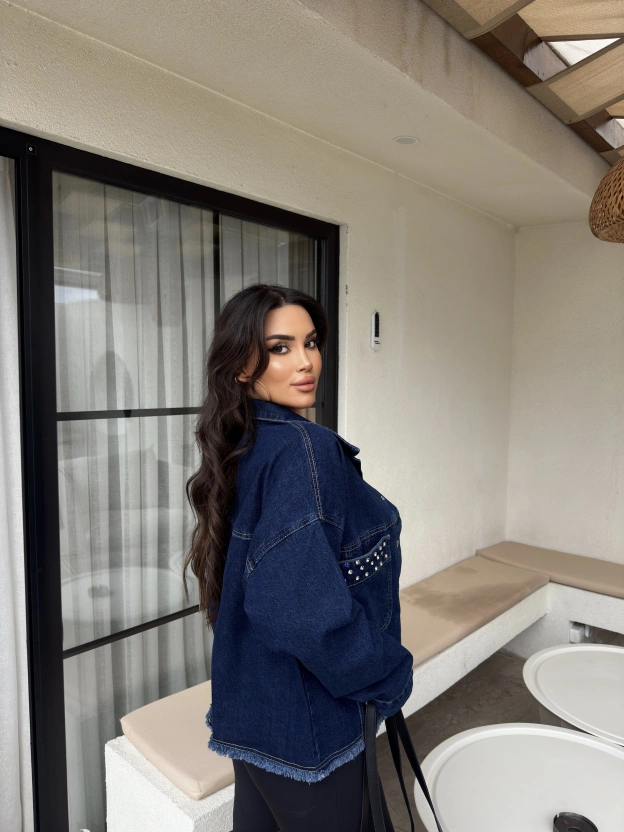 Koyu Mavi Taş Detay Kot Ceket