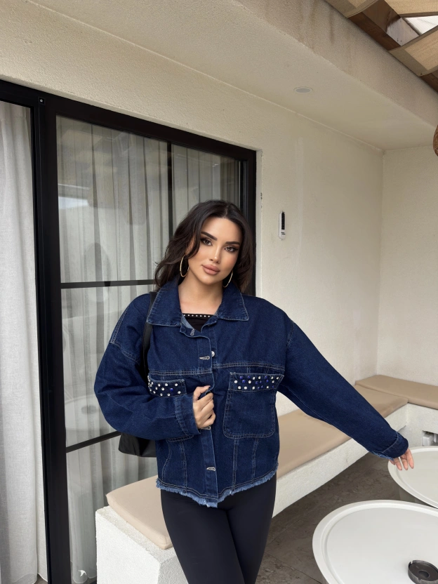 Koyu Mavi Taş Detay Kot Ceket