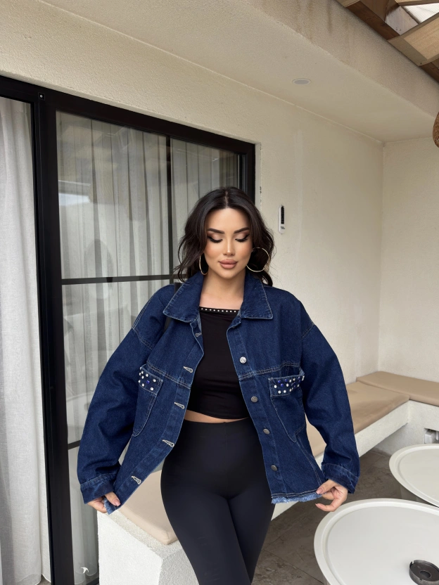 Koyu Mavi Taş Detay Kot Ceket