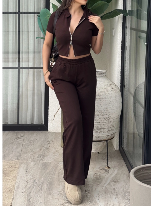 Kahverengi Polo Yaka Çift Fermuarlı Alt Üst Takım