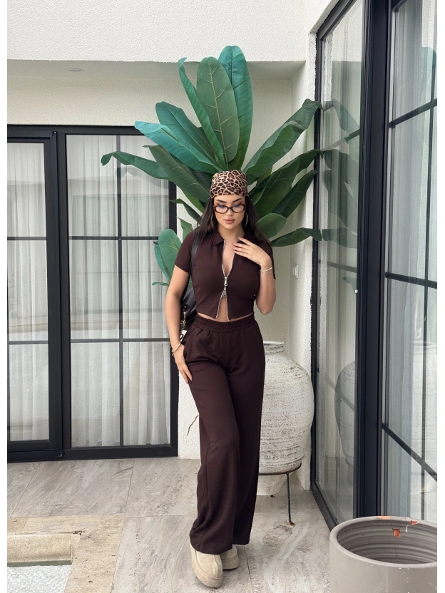 Kahverengi Polo Yaka Çift Fermuarlı Alt Üst Takım