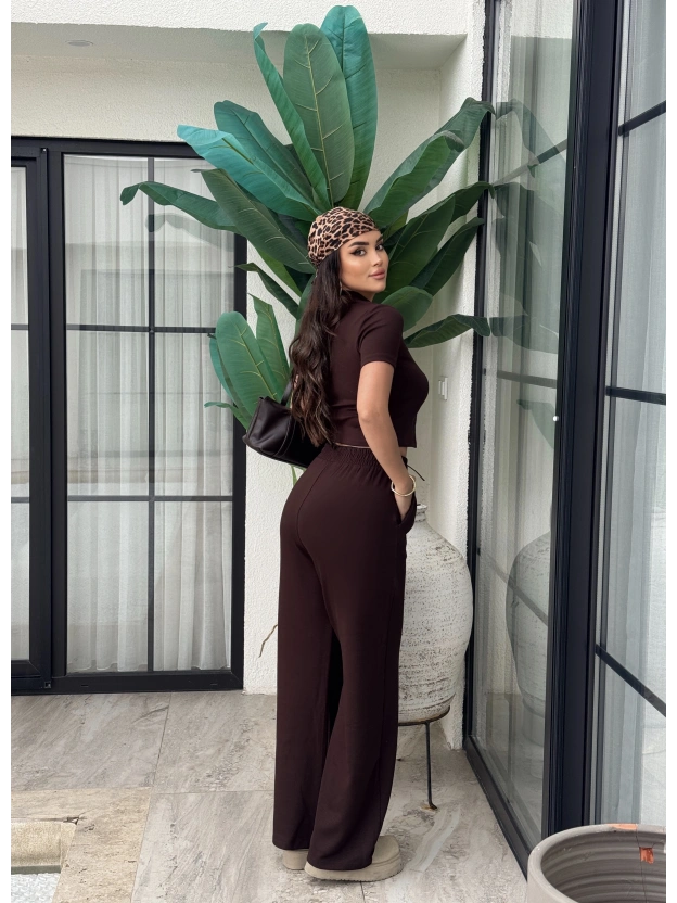 Kahverengi Polo Yaka Çift Fermuarlı Alt Üst Takım