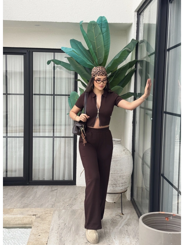 Kahverengi Polo Yaka Çift Fermuarlı Alt Üst Takım