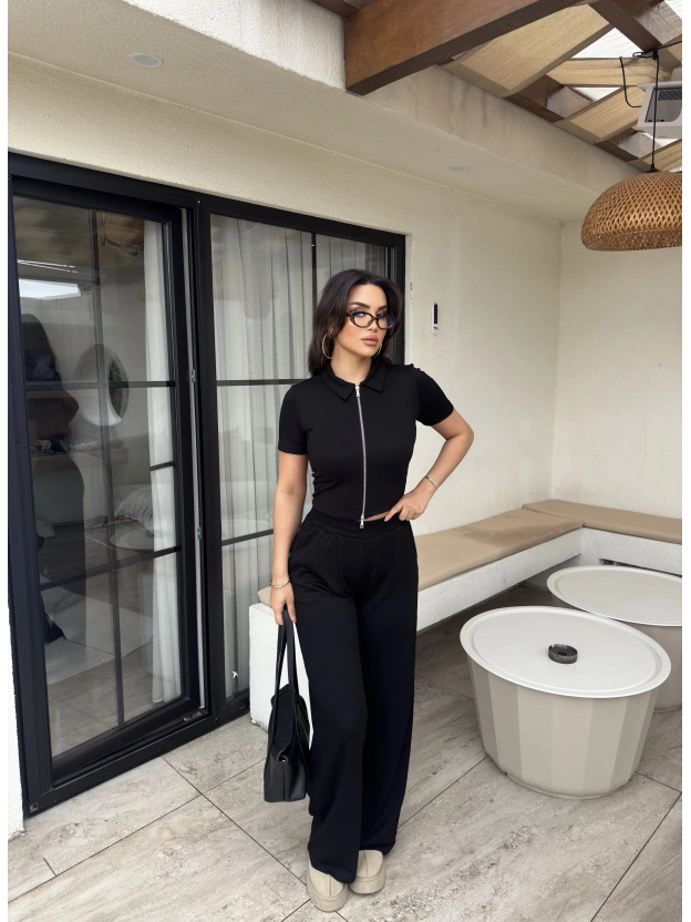 Siyah Polo Yaka Çift Fermuarlı Alt Üst Takım