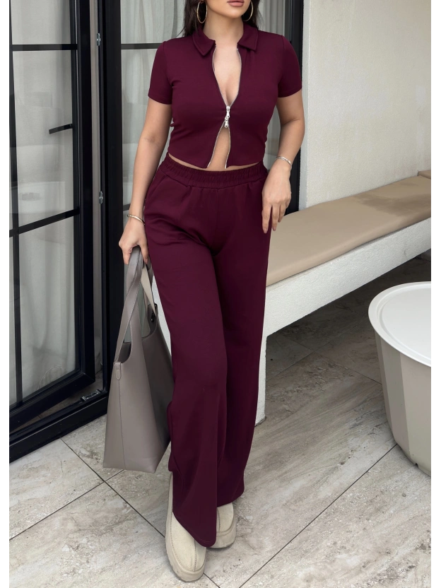 Bordo Polo Yaka Çift Fermuarlı Alt Üst Takım