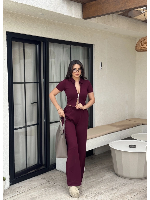 Bordo Polo Yaka Çift Fermuarlı Alt Üst Takım