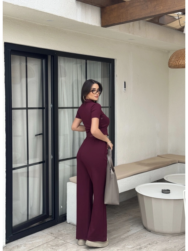 Bordo Polo Yaka Çift Fermuarlı Alt Üst Takım