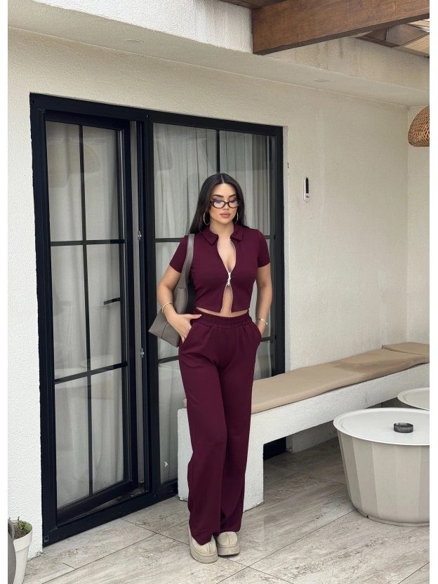 Bordo Polo Yaka Çift Fermuarlı Alt Üst Takım
