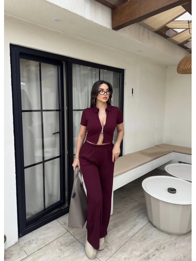 Bordo Polo Yaka Çift Fermuarlı Alt Üst Takım